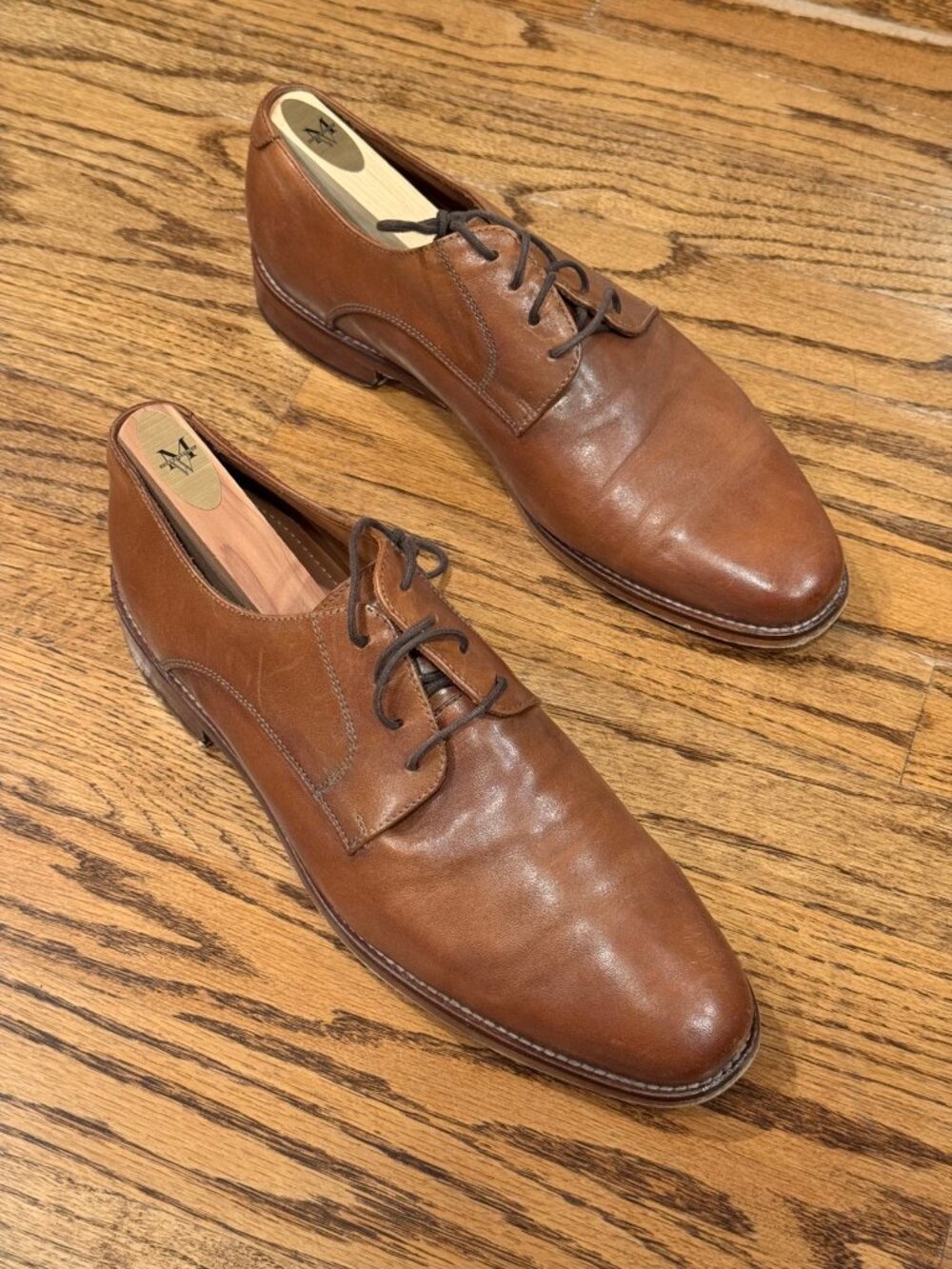 Marco Vittorio Plain Toe Derby Dress Shoes Cognac Tan Leather Men's 9